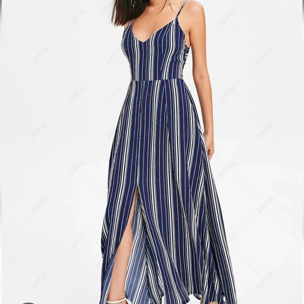 Zaful Navy and White Striped Maxi Dress. Nautical. Festival. Beachy.